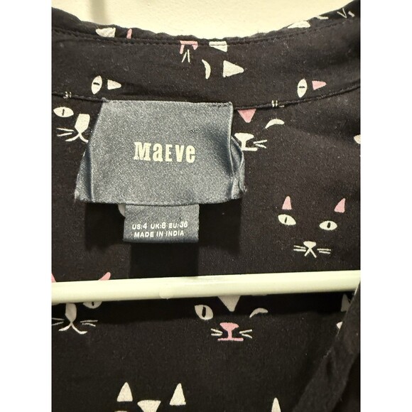 Maeve Anthropologie Clever Cat Print Long Sleeve Top Black Rayon-Women's Size 4 - Picture 3 of 5
